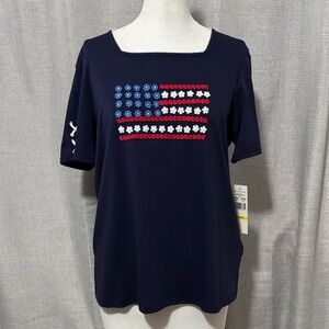 NWT Alfred Dunner Cotton Blend Tee-M-Embellished Flag Front Detail-Rope Detail